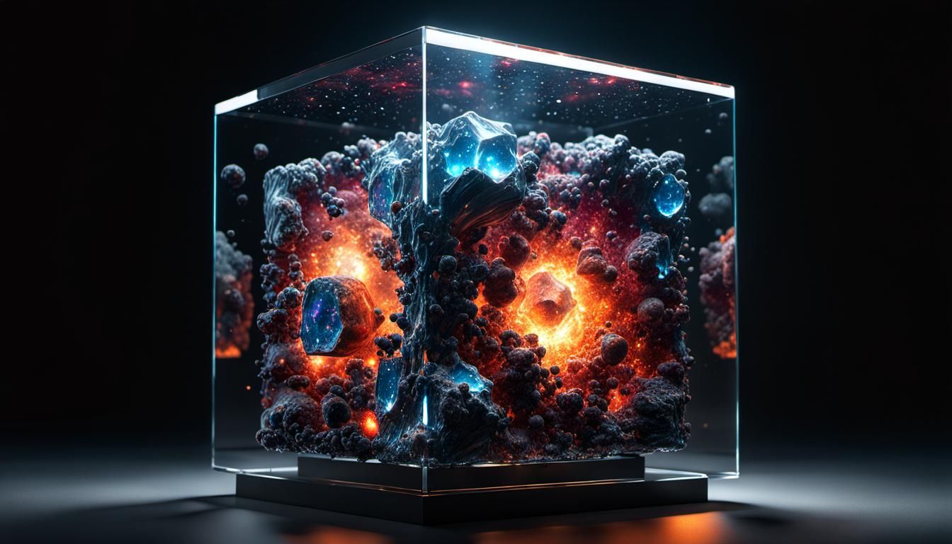 Cosmic Universe in Glass Cube, Hyperrealistic Art