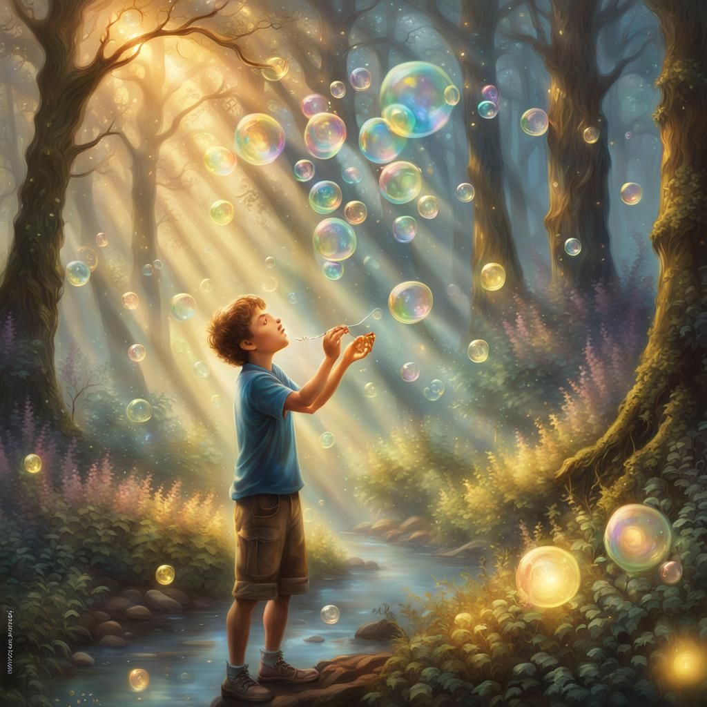 Boy Blowing Bubbles in Mystical Forest