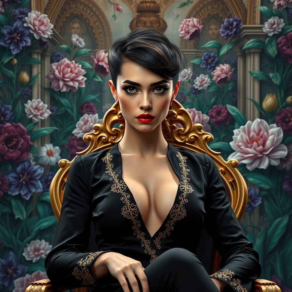 Elegant Woman in Exotic Florals, Fantasy Concept Art