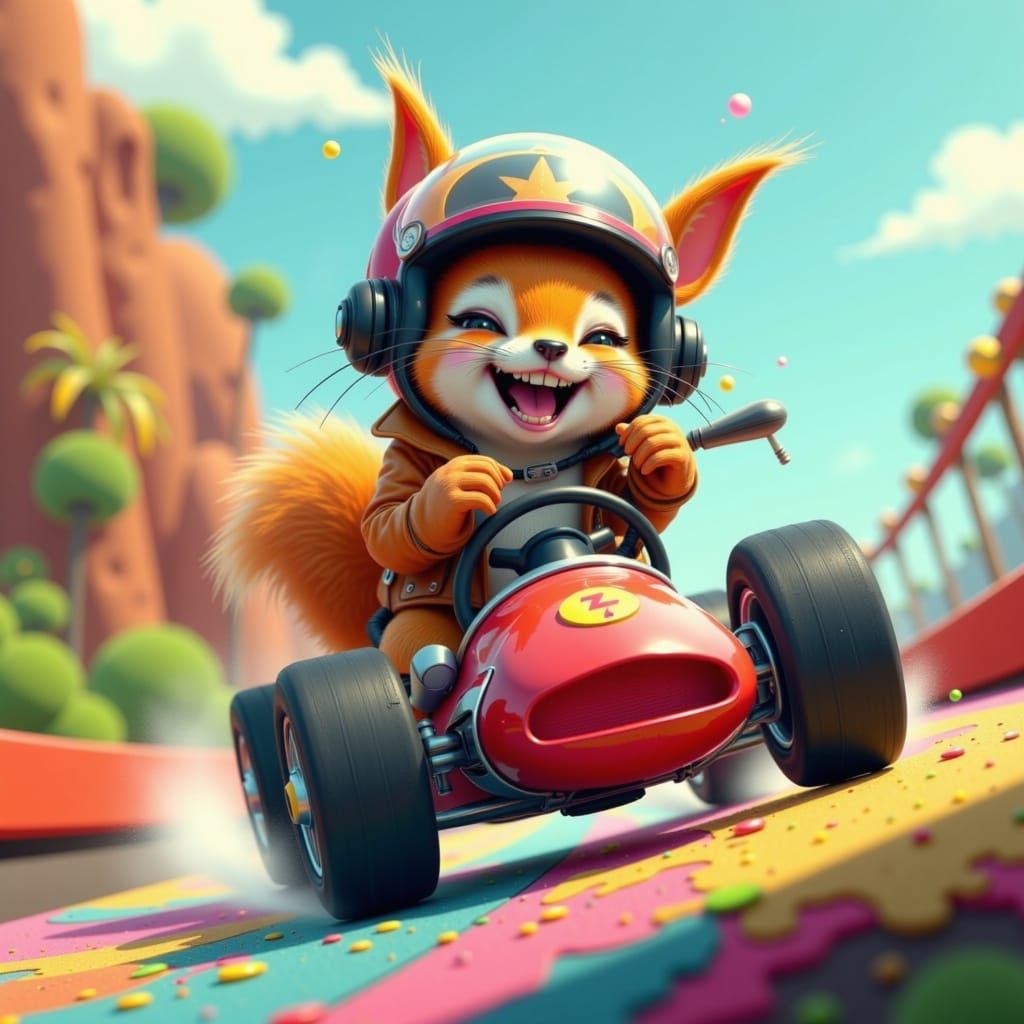 Mischievous Squirrel Races Toy Car in Cute Illustration