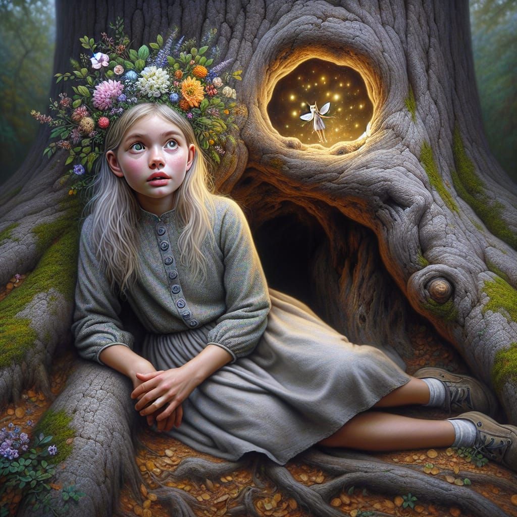 Girl and Magical Tree: A Hyperrealistic Painting