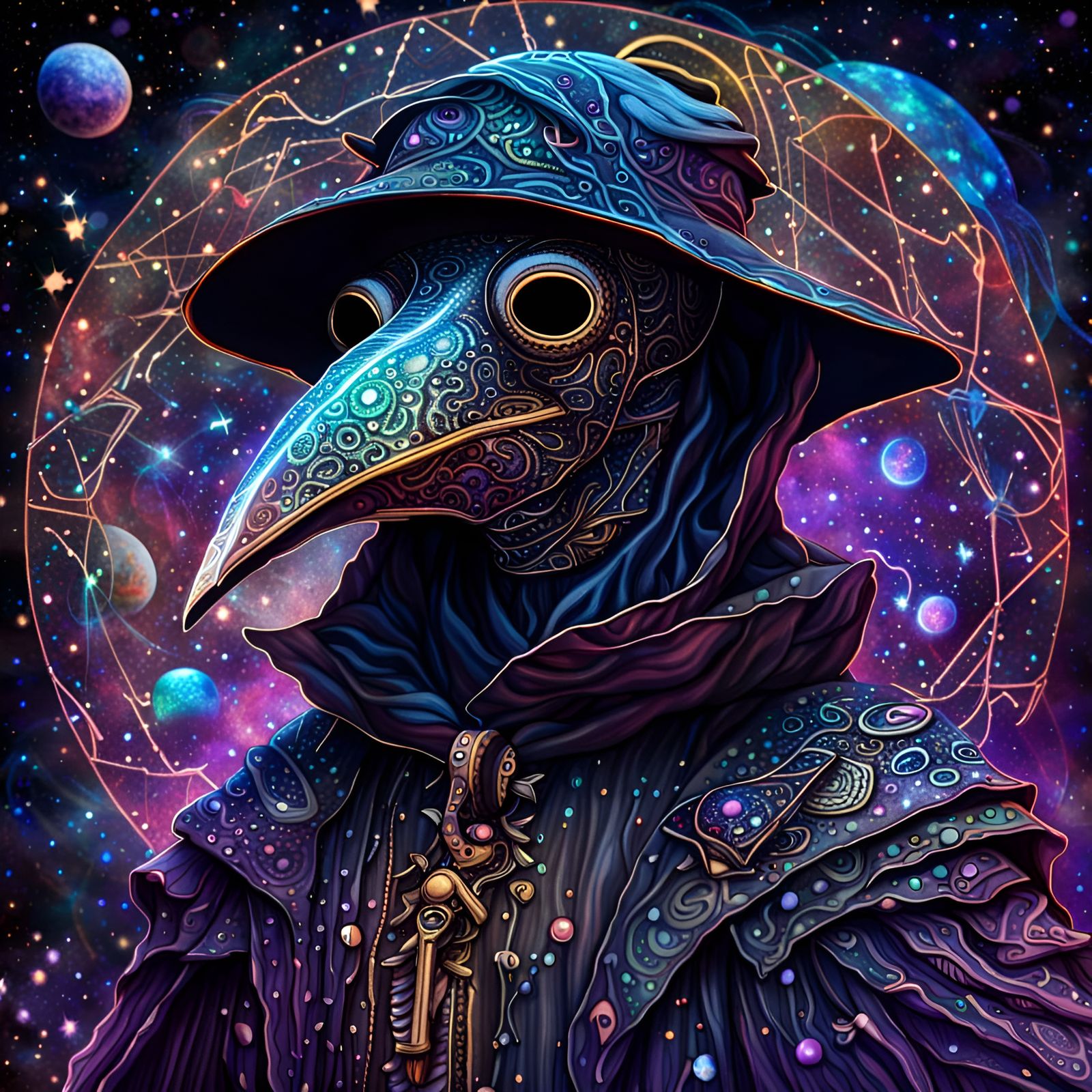 Plague Doctor Floating in Space Galaxy