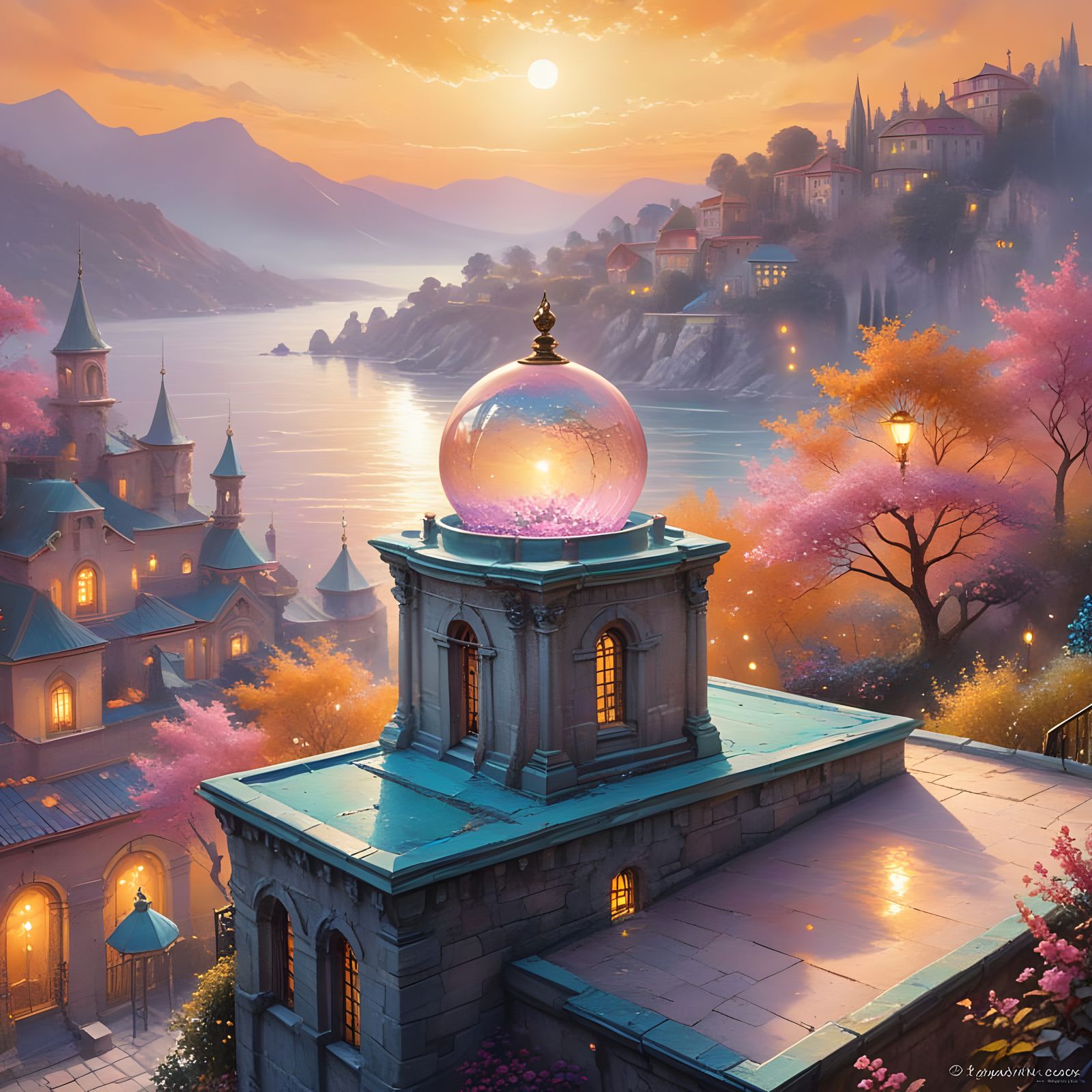 Golden Spheres in Misty Landscape, Watercolor and Ink