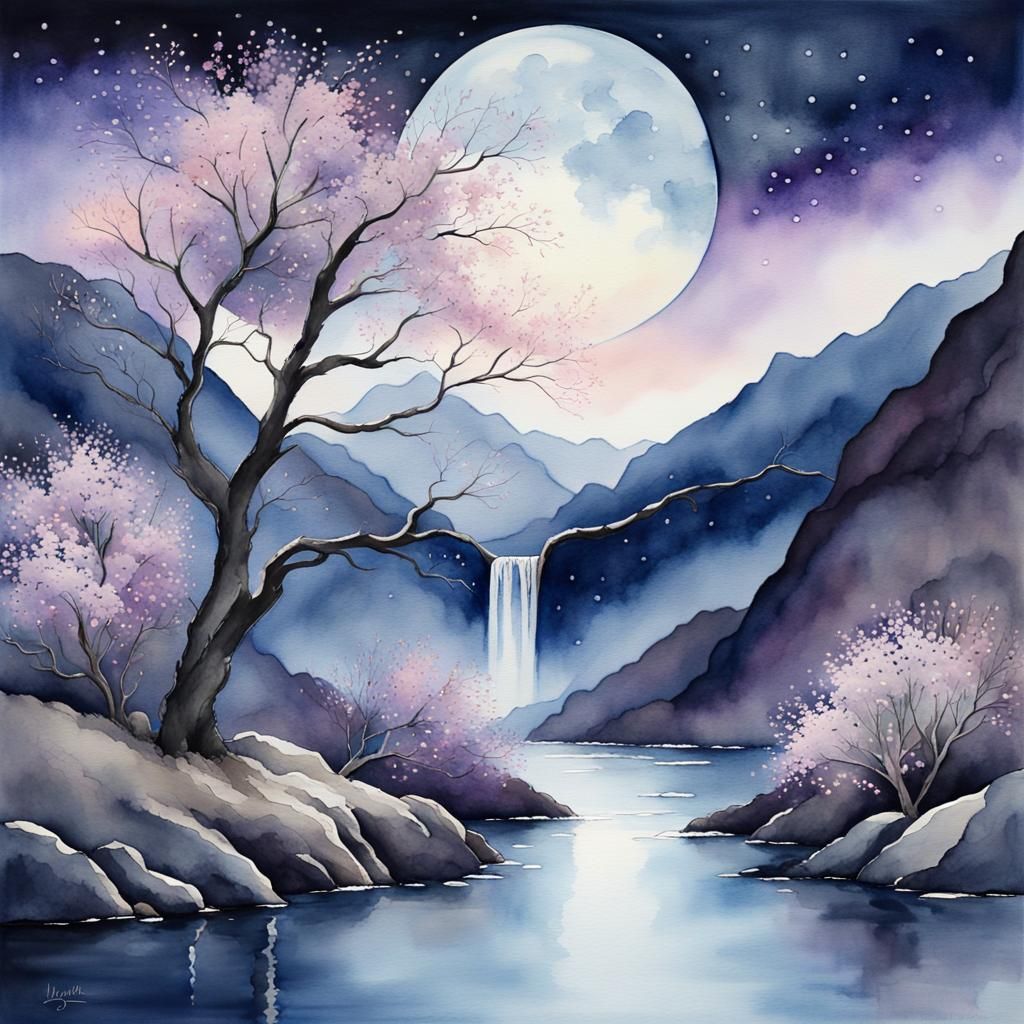 Moonlit Valley: A Watercolor Dreamscape in Fantasy Realism
