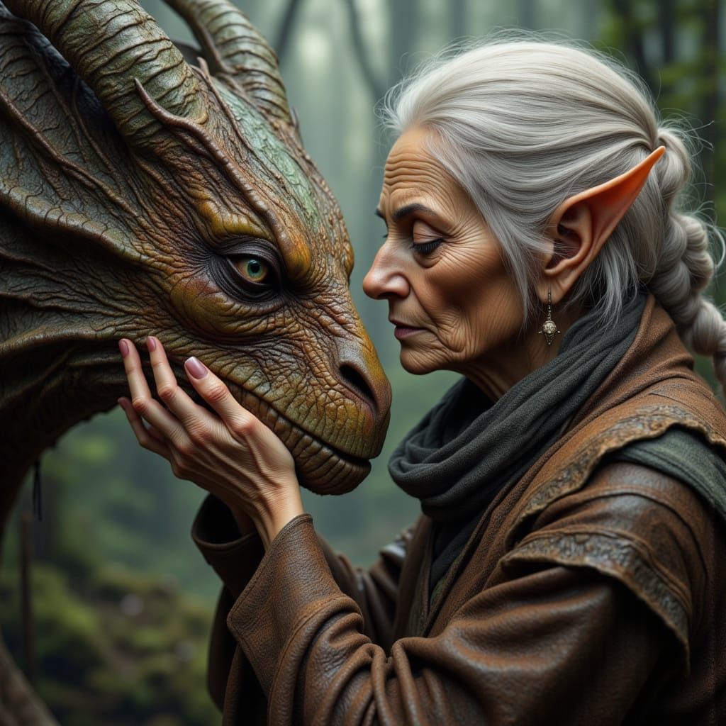 Elderly Elf and Ancient Dragon Share a Tender Moment