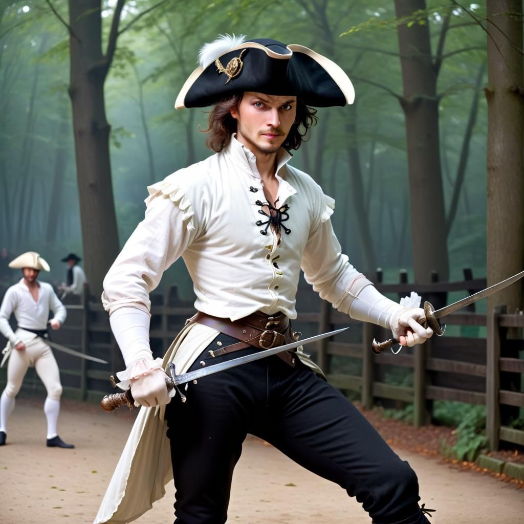 Handsome Swashbuckler Fencing with Cutlass and Rapier