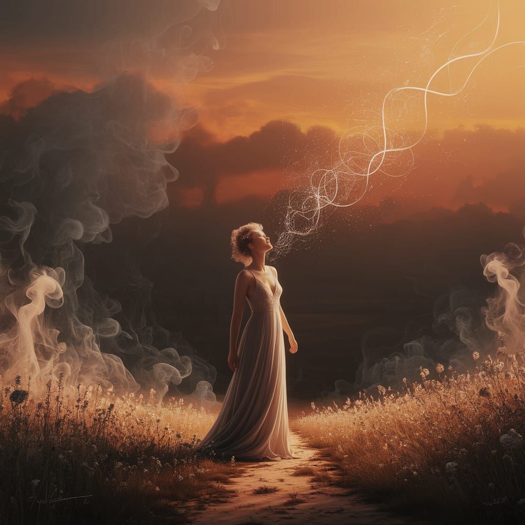 Woman's Dreamscape in Golden Light with Wildflowers