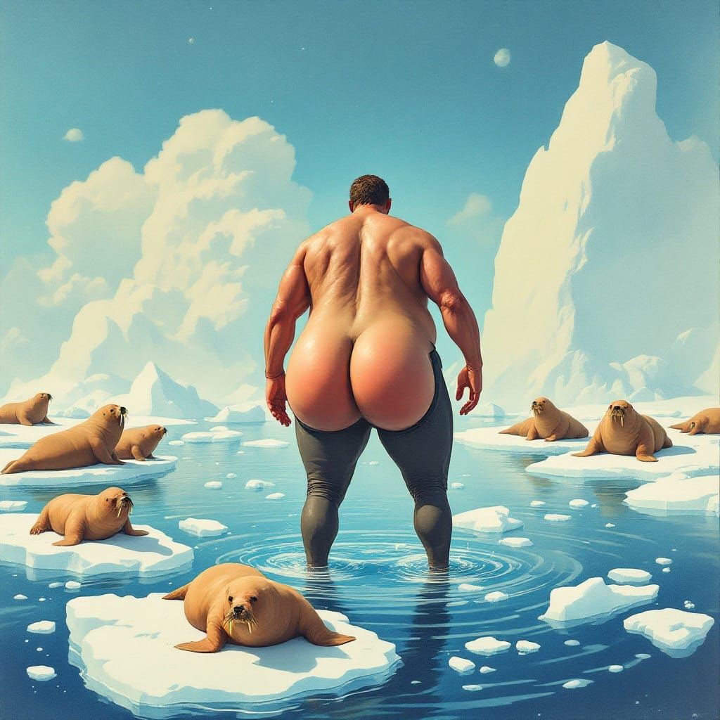 Man in a Wetsuit Surrounded by Walruses in a Whimsical, Surr...