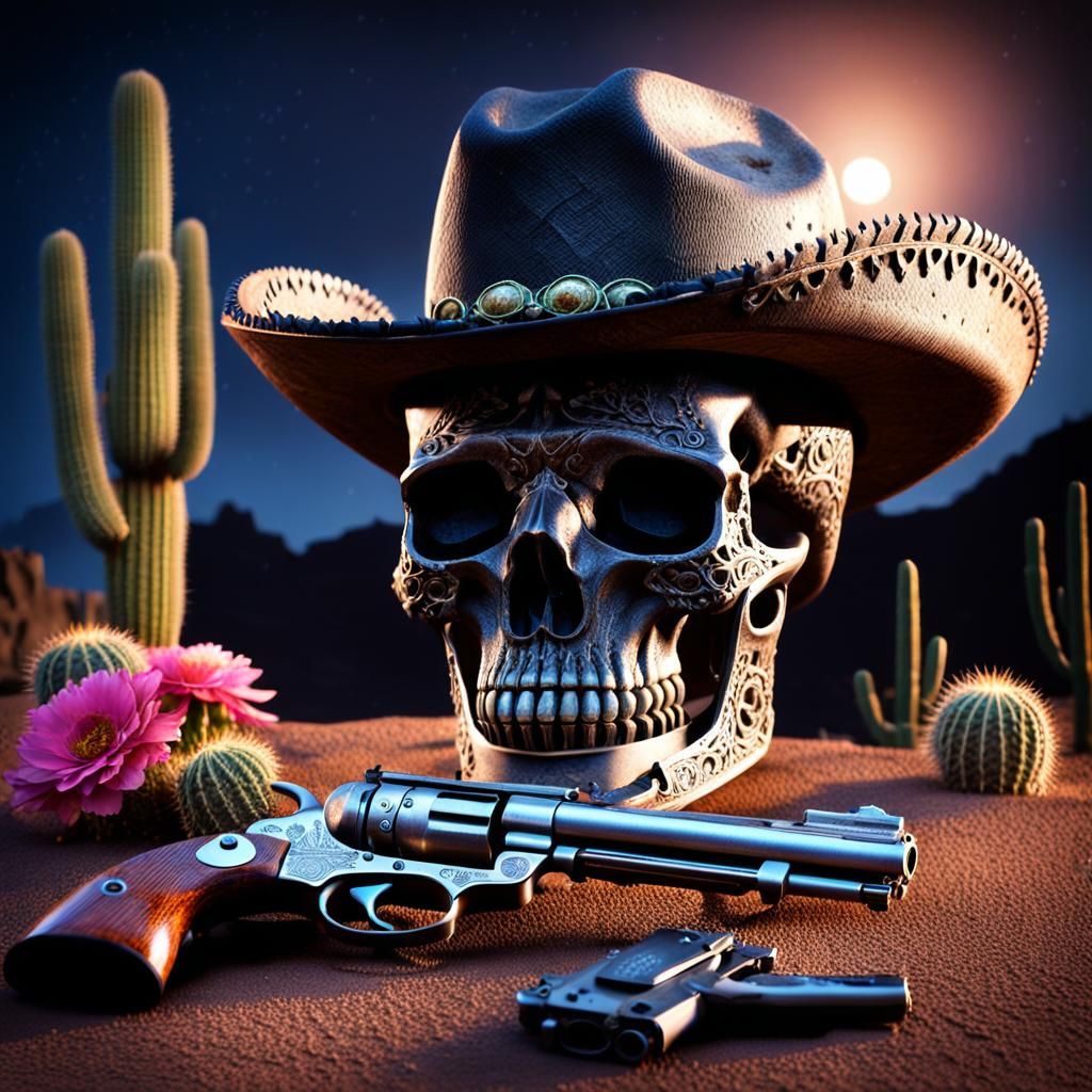 Worn Skull in Cowboy Hat with Revolver