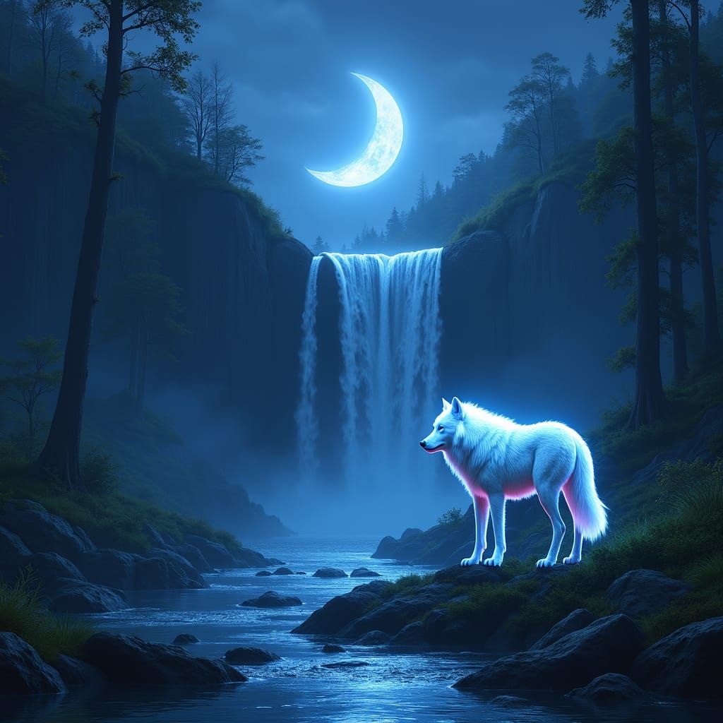 A vibrant, glowing white wolf