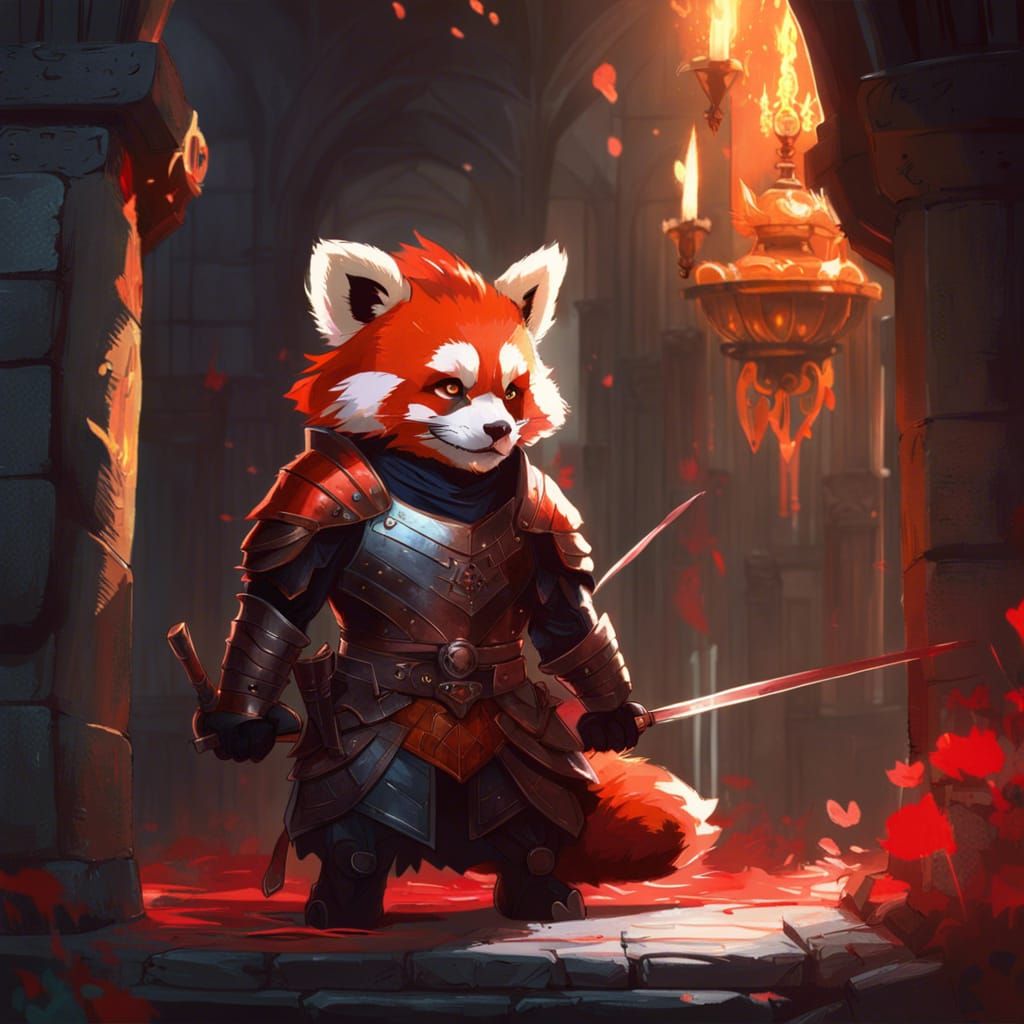 Red Panda Knight in Fantasy Dungeon