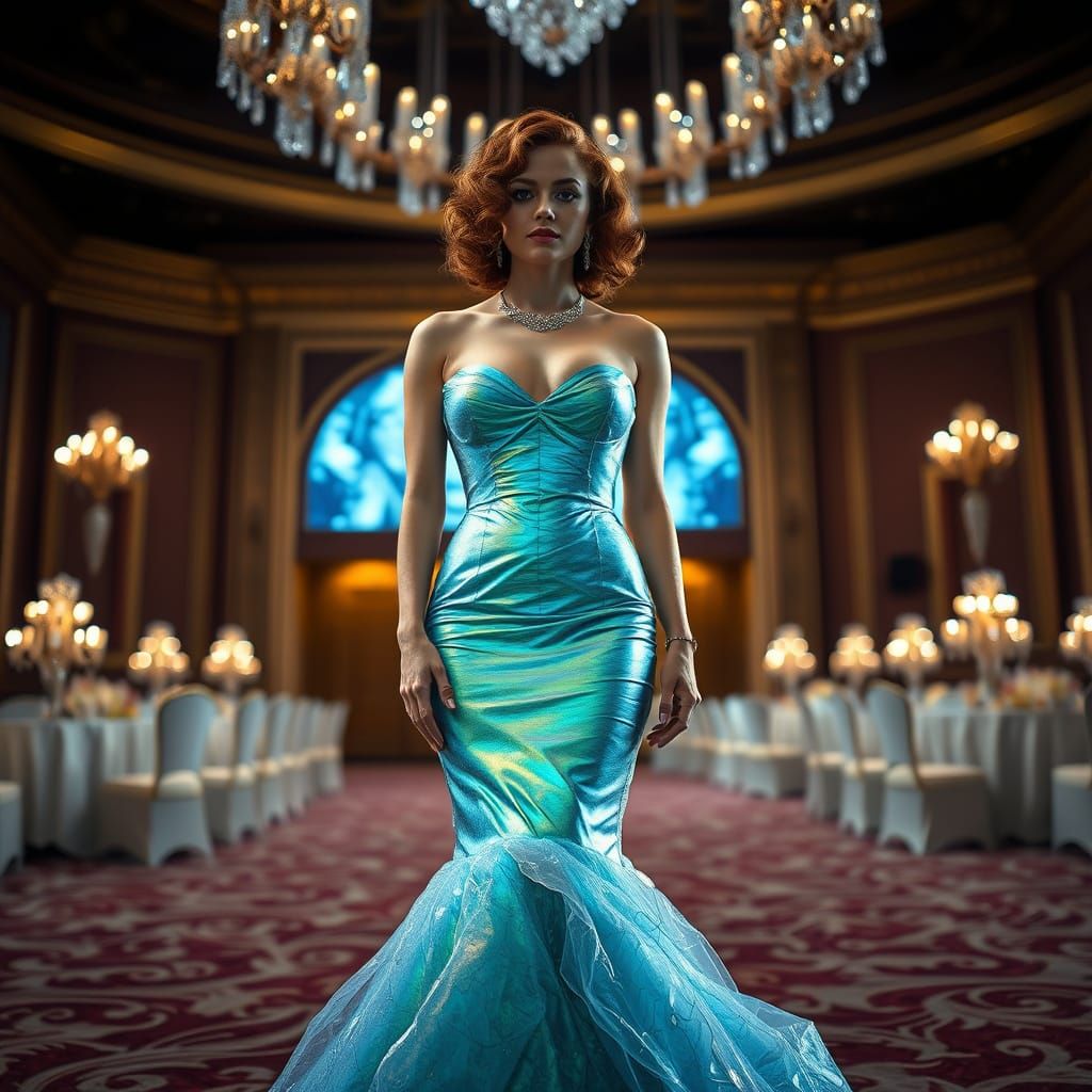 Woman in Iridescent Crystalline Gown Poses in Grand Ballroom