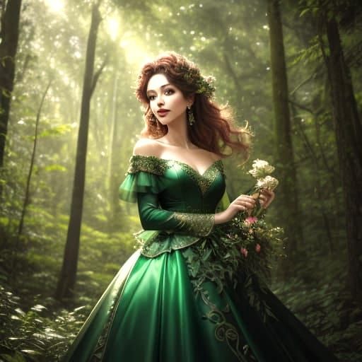 Beautiful Woman in Green Gown in Forest