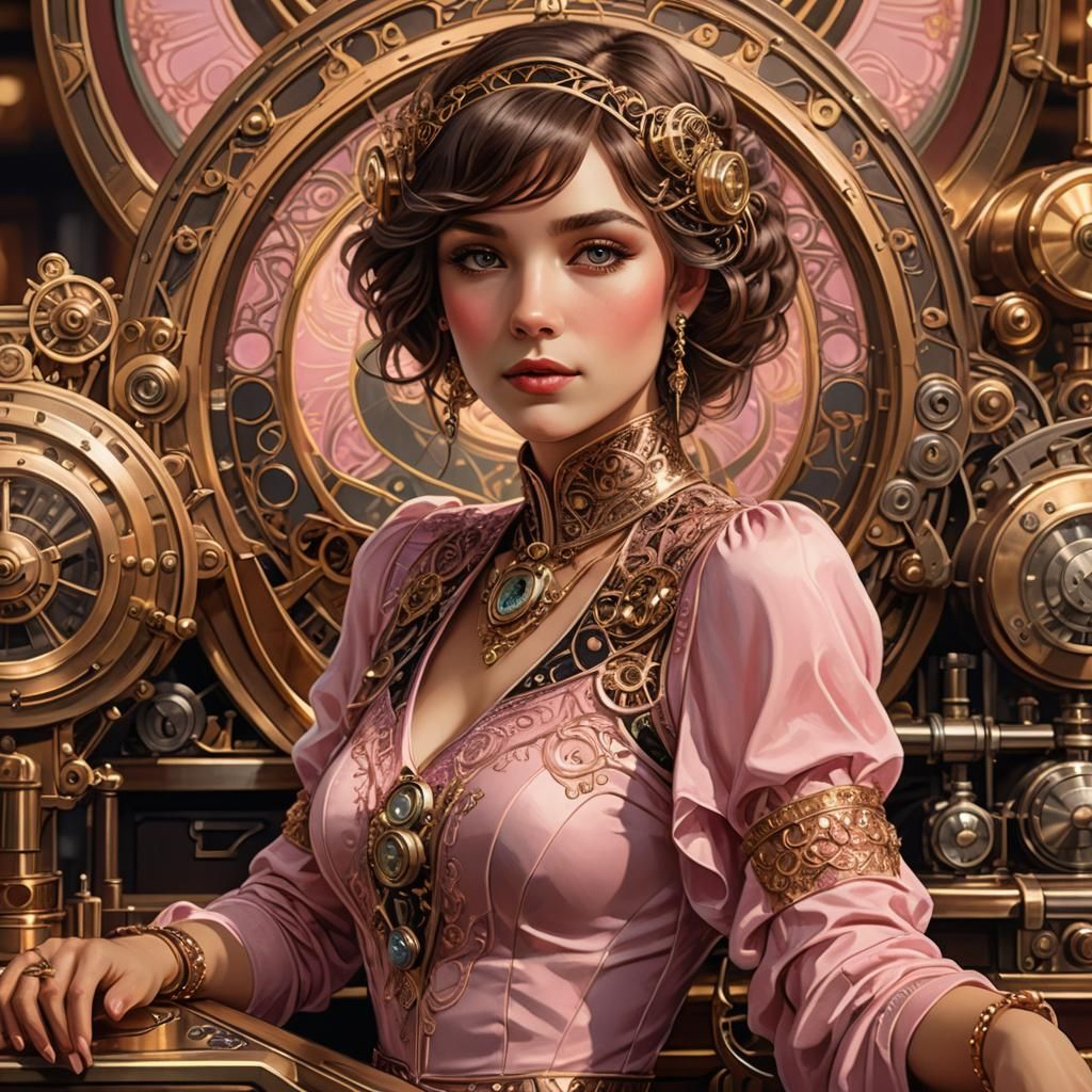Art Nouveau Woman at Bar with Steampunk Elements