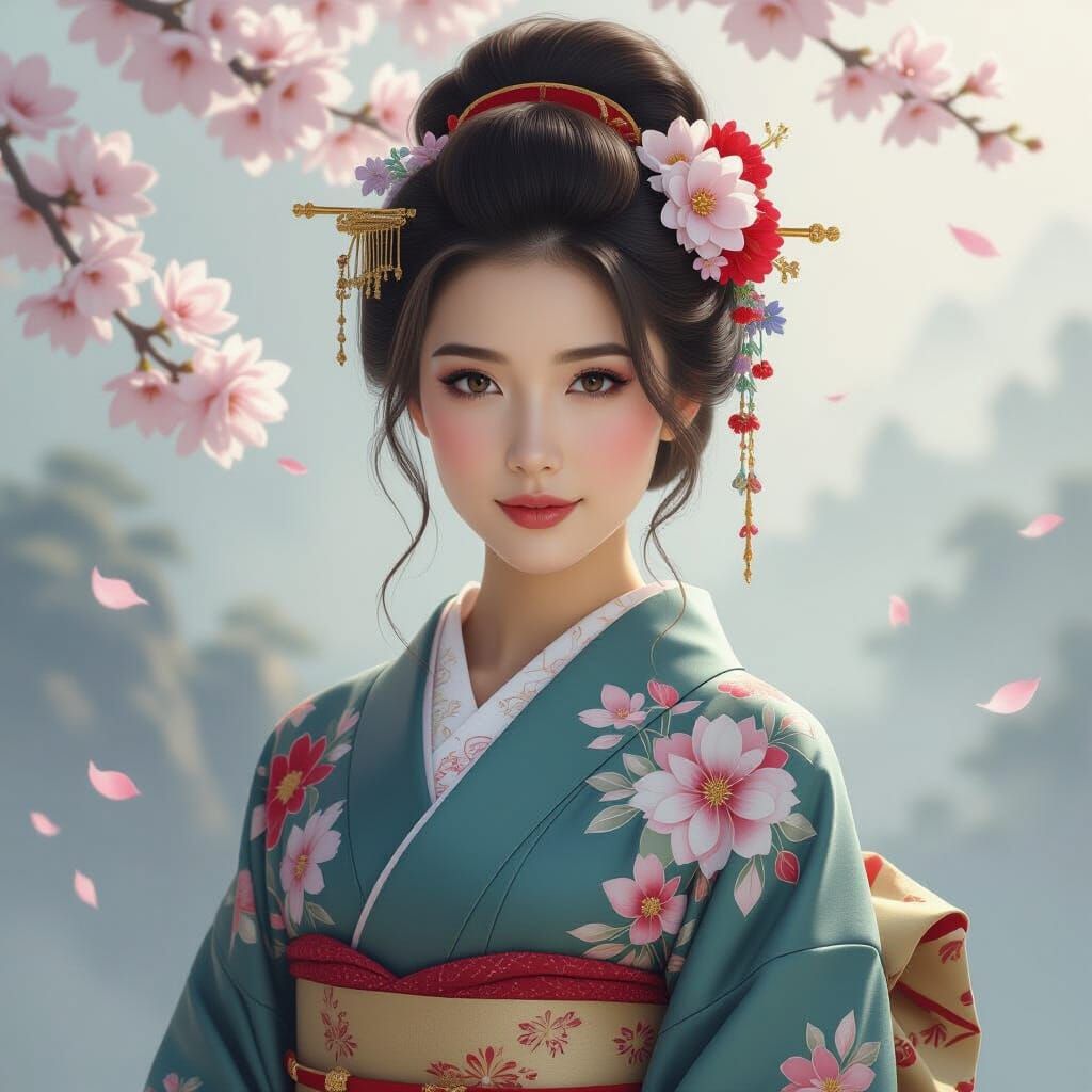 Ethereal Kimono Woman with Floral Adornments