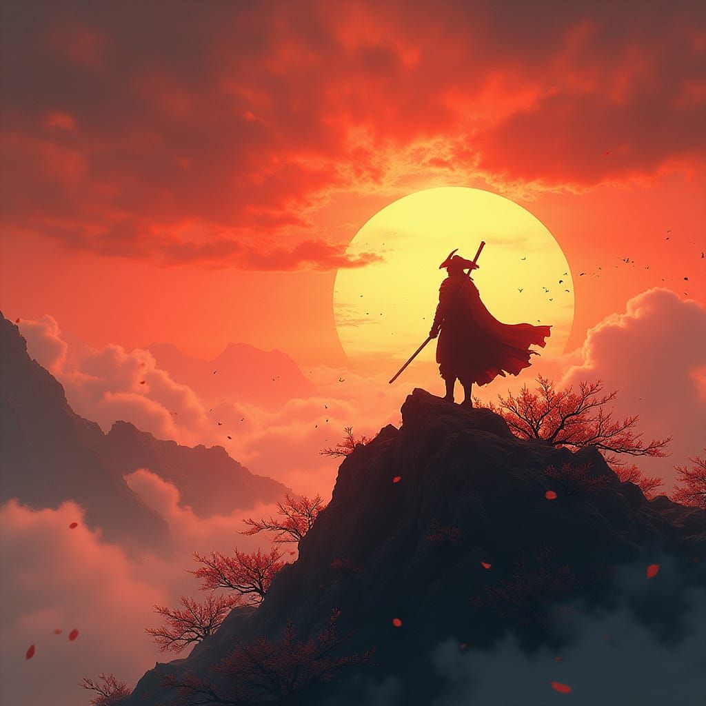 Samurai Warrior at Fiery Sunset in Sumi-e Style