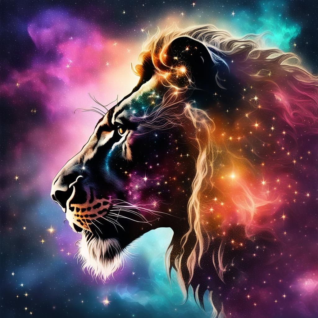 Lion and Horse Silhouette in Surreal Galaxy