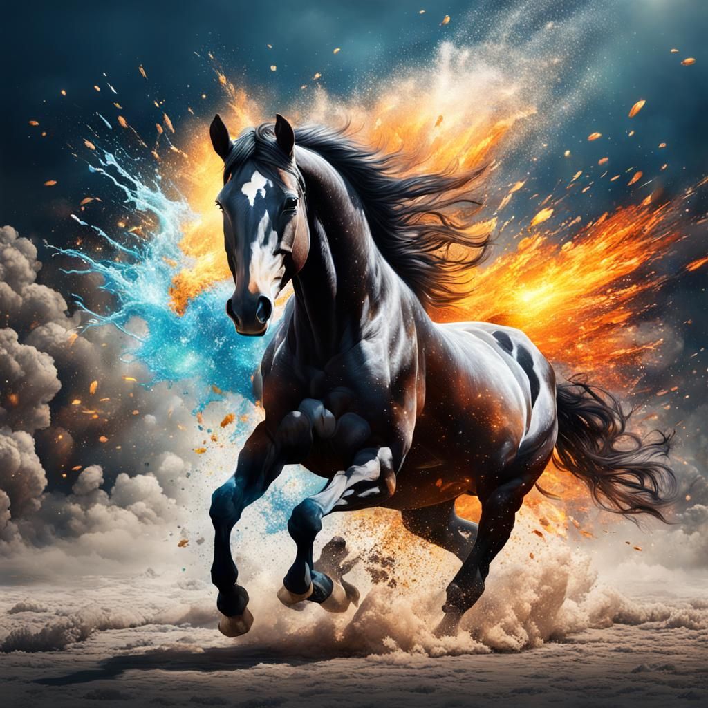 Horse Amidst World Explosion: Hyperrealistic Splash Art