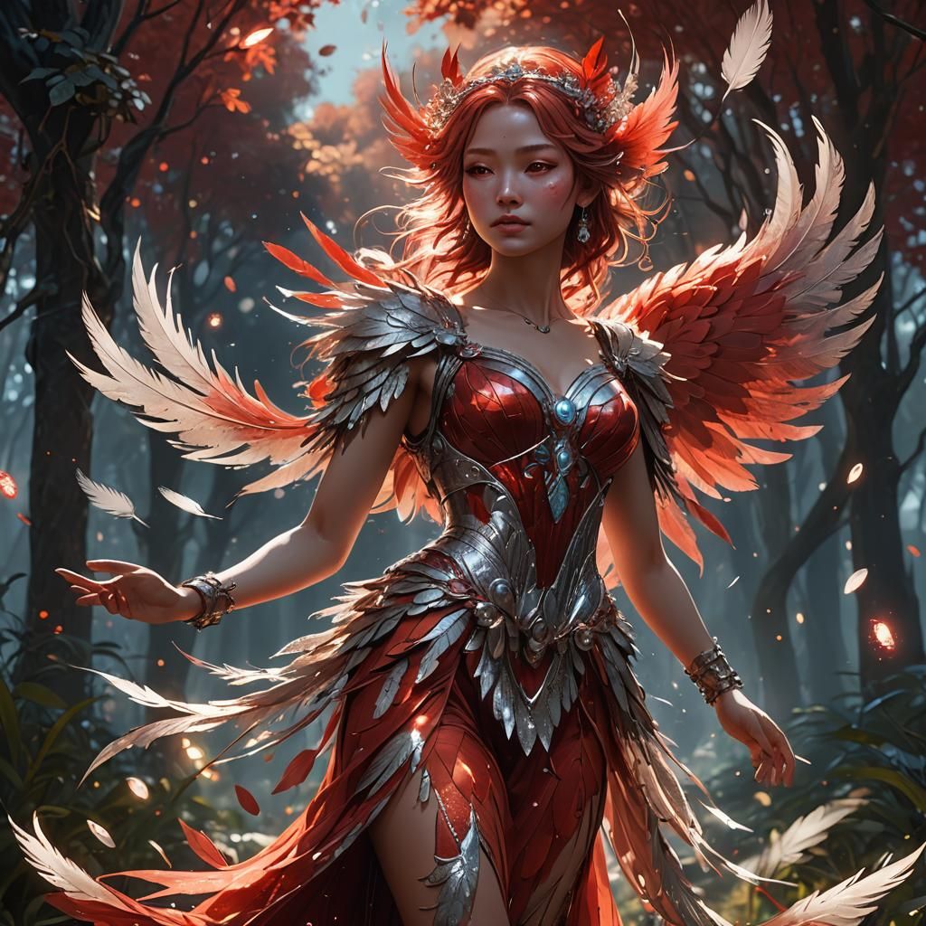 Red Nymph in Nature with Sparkling Dress