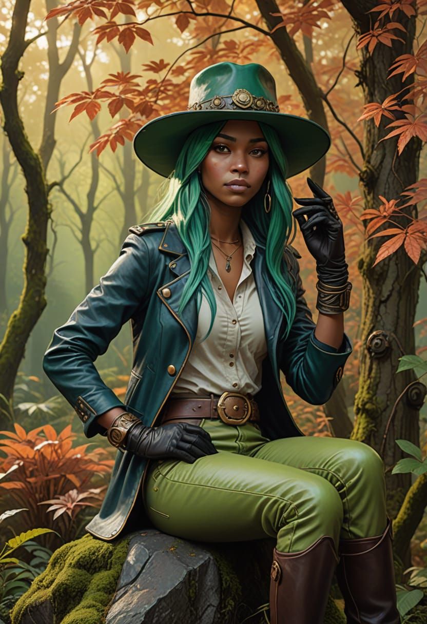 Fantastical Gunslinger Maiden in Vibrant Foliage