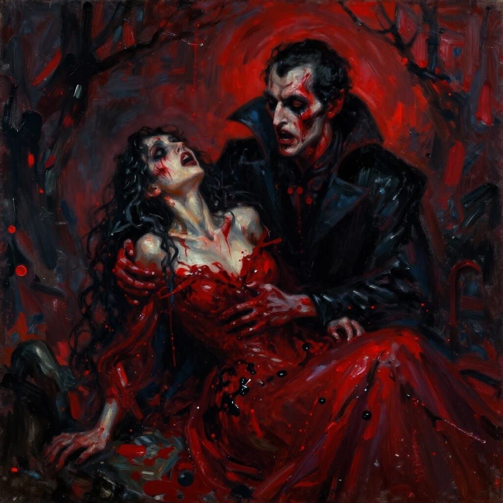 Vampiric Horror Painting in Expressive Impressionist Style