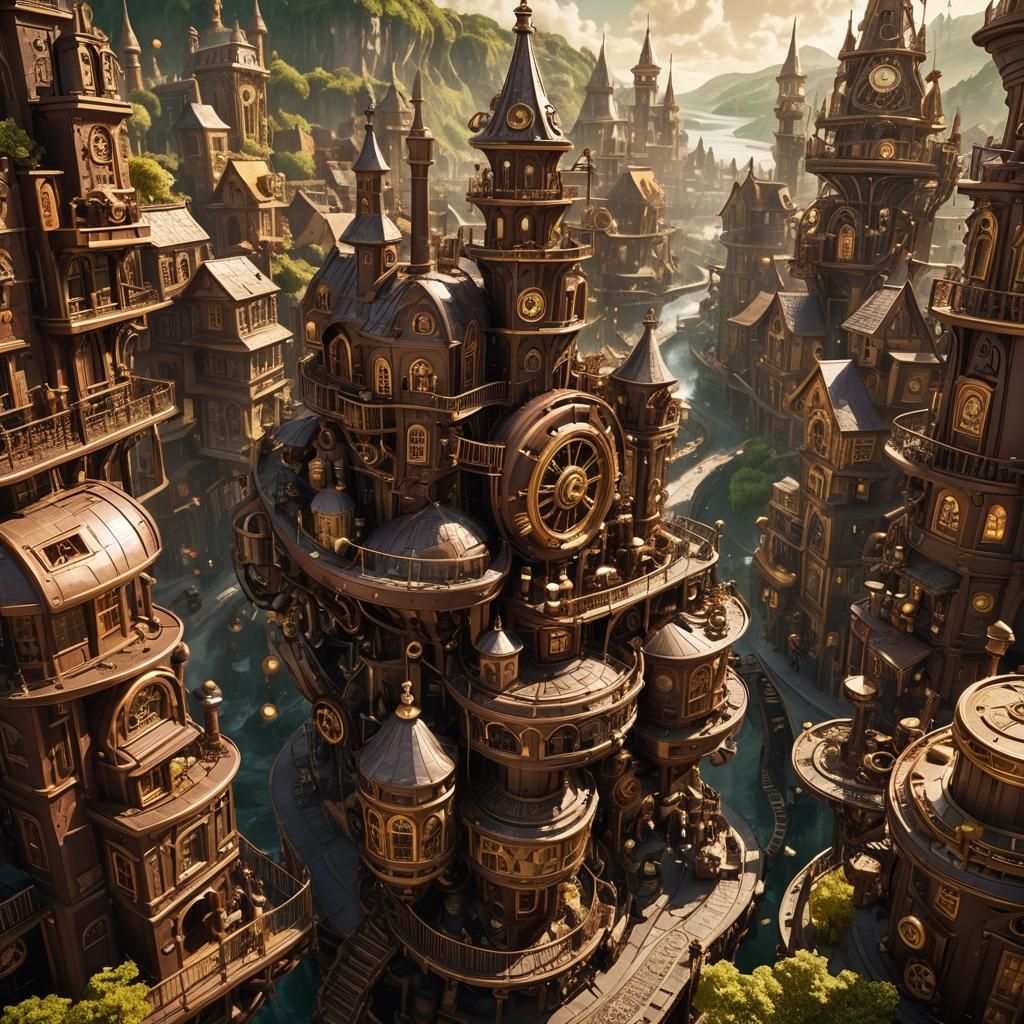 Chocolate Steampunk City Concept Art in Golden Hour