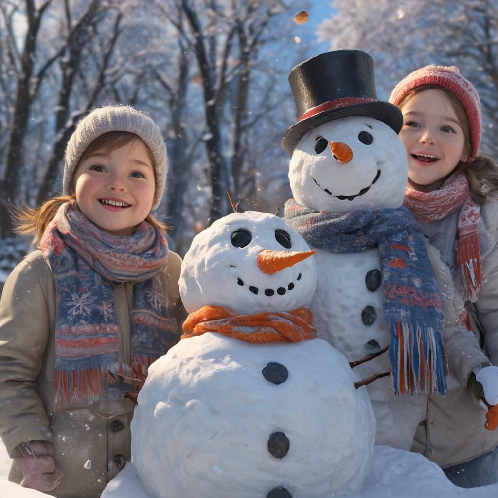 Children Build Snowman in Winter Park: Photorealistic Splash...
