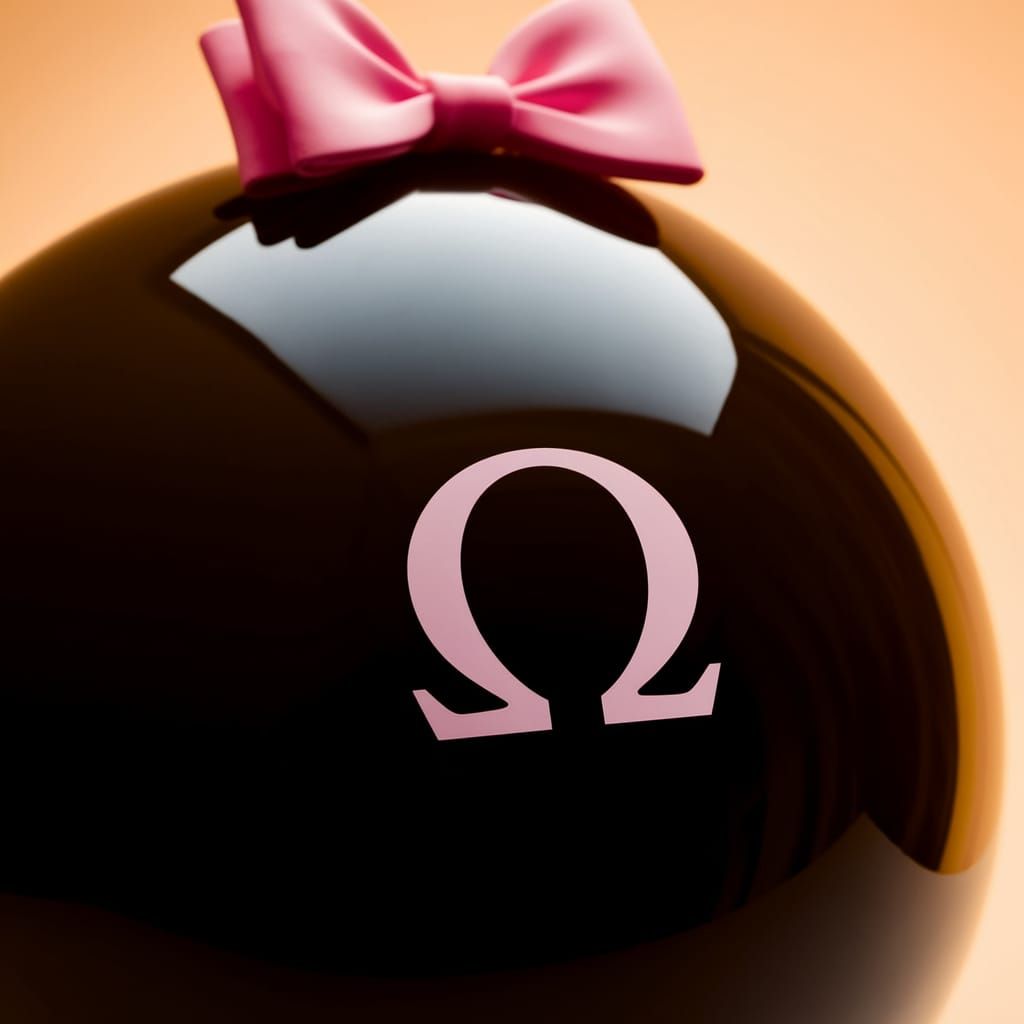 Glossy Black Ball with Pink Omega Symbol and Head Bow