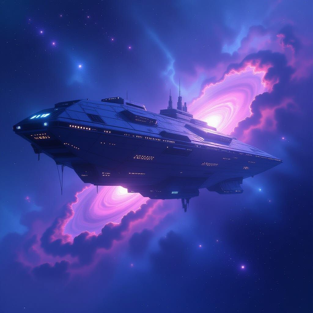 Derelict Spaceship in Cosmic Nebula, Watercolor Style