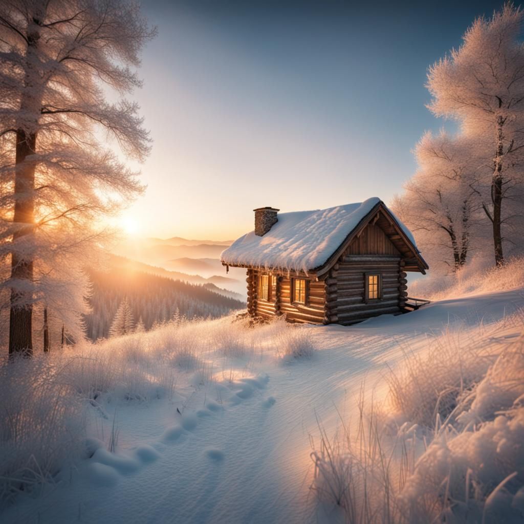 Lonely Cabin at Winter Sunrise: Ultra-Realistic Beauty
