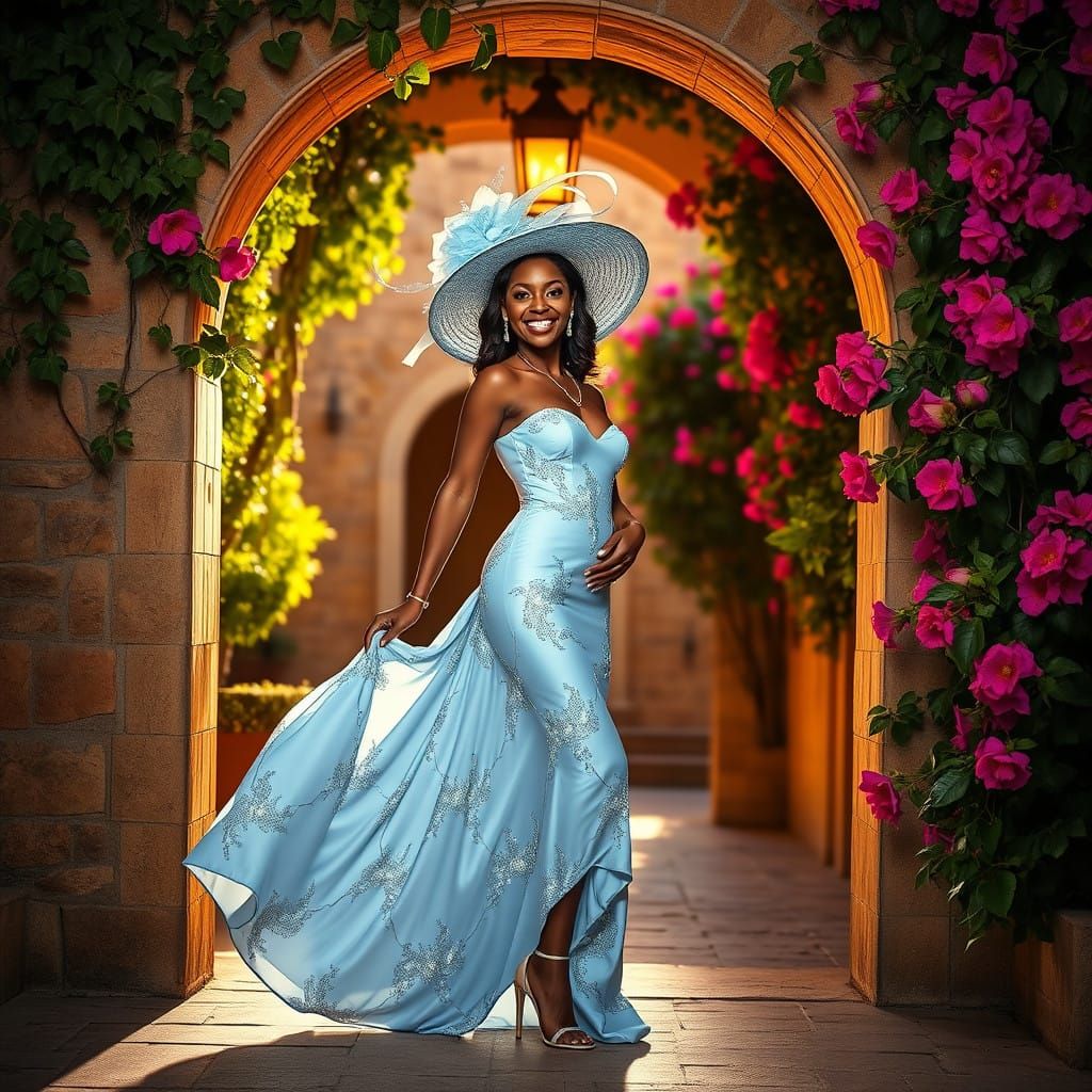 Elegant Black Woman in Light Blue Gown Poses in Tuscany Arch...