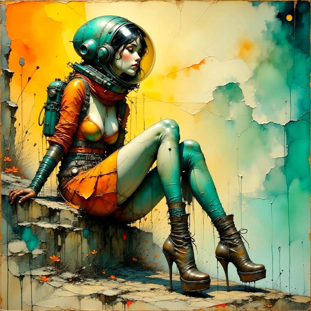 Retro-Futuristic Woman with Ray Gun on Alien Planet