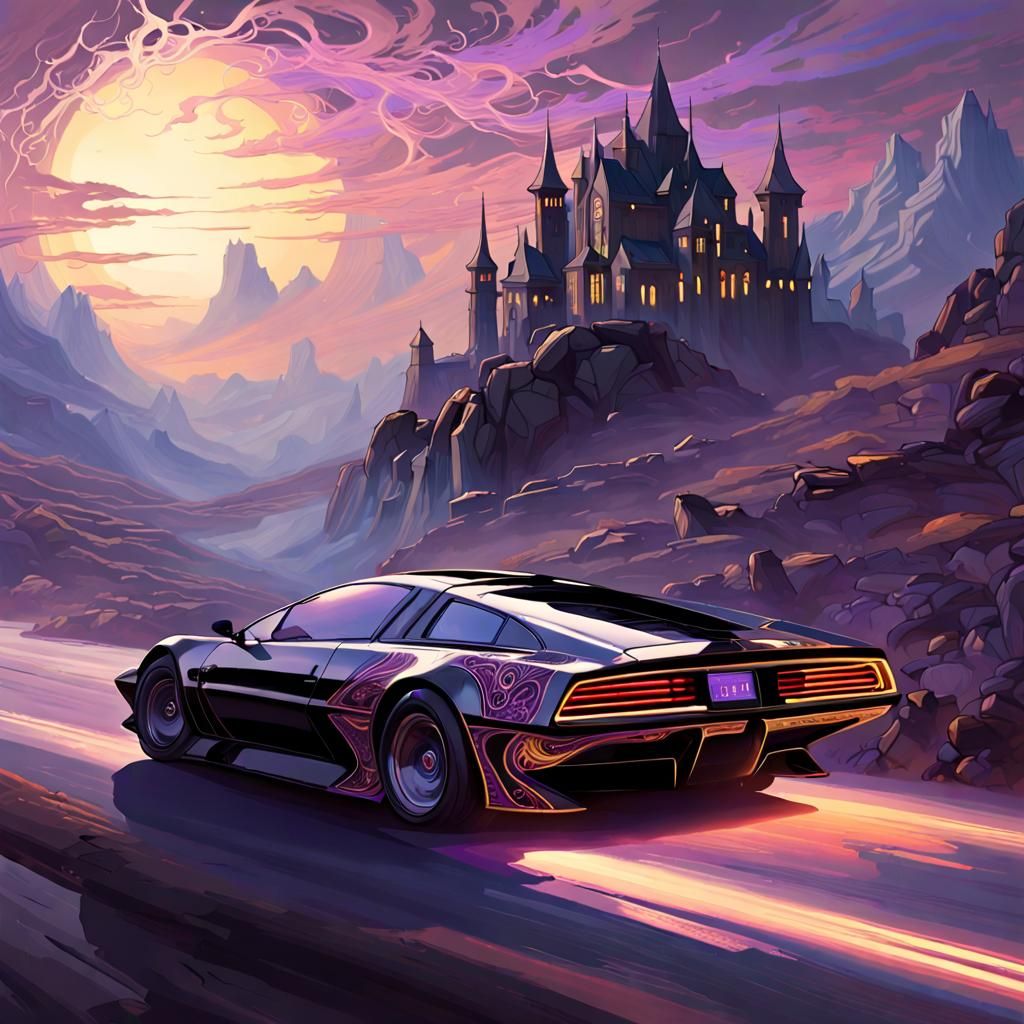 Mystical Car in Dark Fantasy Landscape, Hyperdetailed