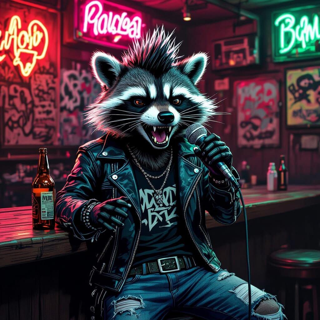 Raccoon Punk Rocker in Gritty, Bold Style