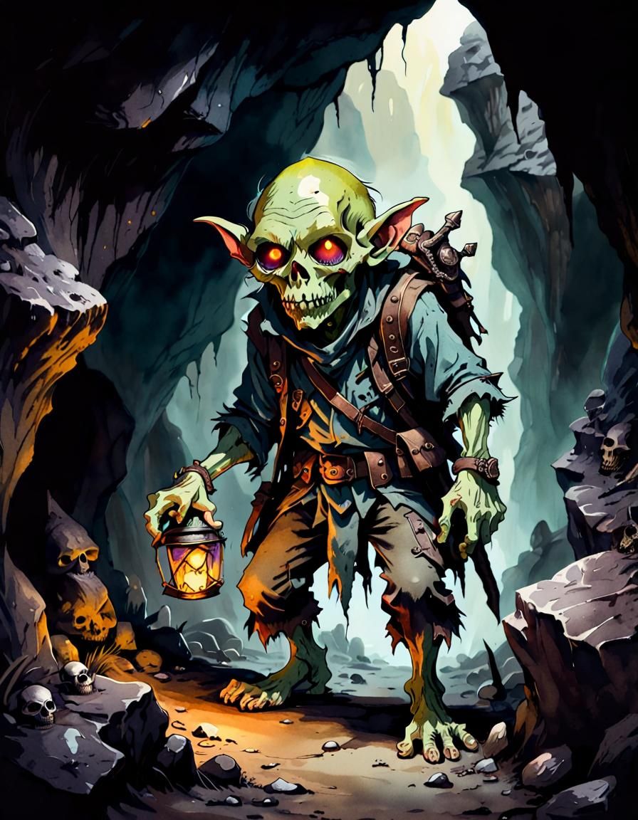 Undead Goblin Treasure Hunter in Watercolor Style