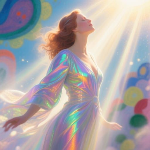 Woman in Iridescent Clothing in Divine Sunshine