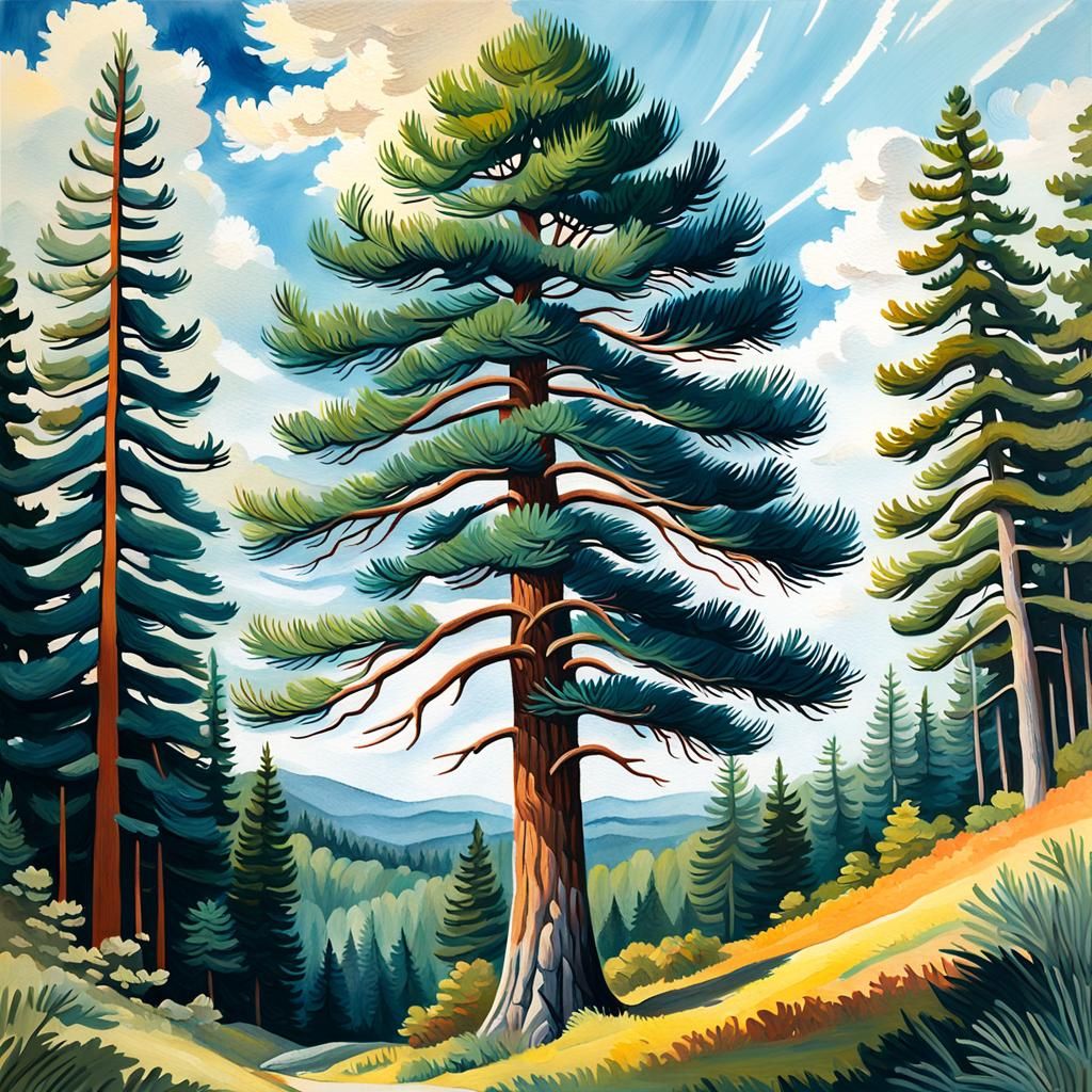Detailed Pine Tree Gouache Painting in Impressionist Style