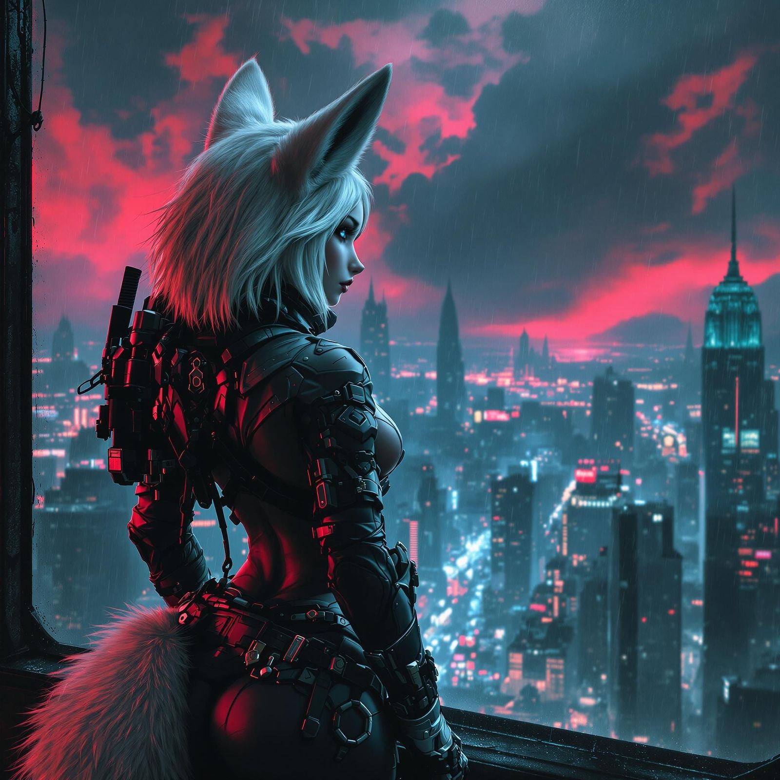 Cyberpunk Fox Girl Hunts Amidst Crimson Rain Storm