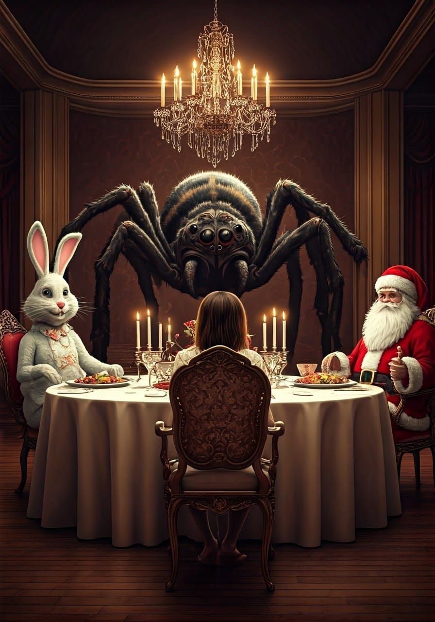 Woman Surrounded by Fantastical Dinner Guests in a Surreal, ...