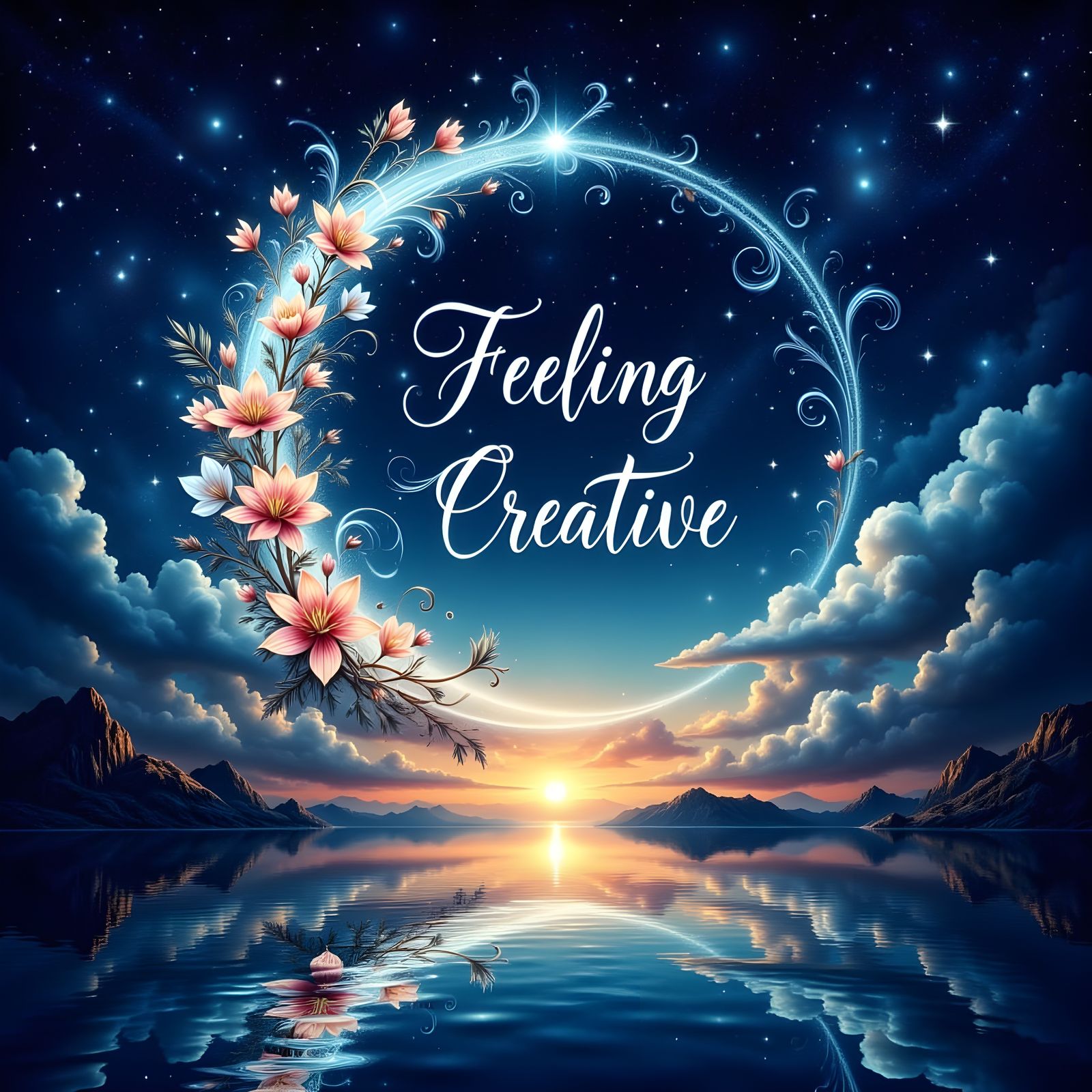 Artistic "Feeling Creative" Text Over Moonlit Waters
