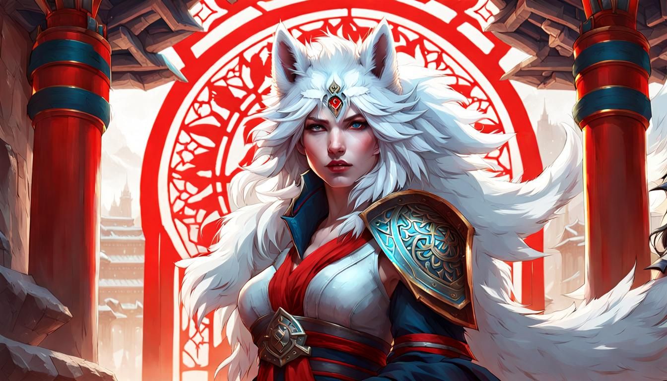 Wolf with Glaive in Ancient Shrine, Detailed Digital Art