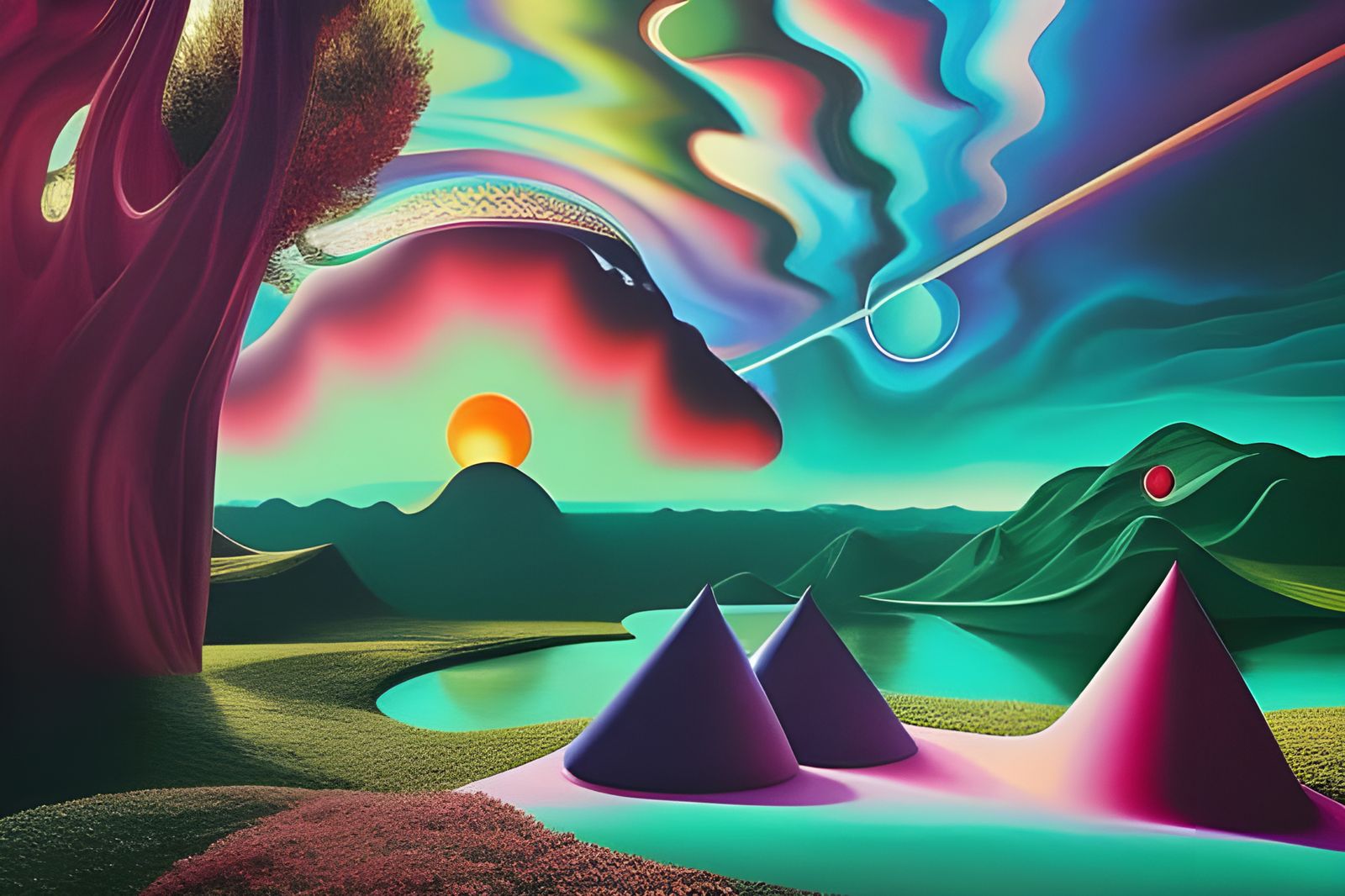 Surreal Dreamscape: Bizarre Objects in Dreamlike Landscape