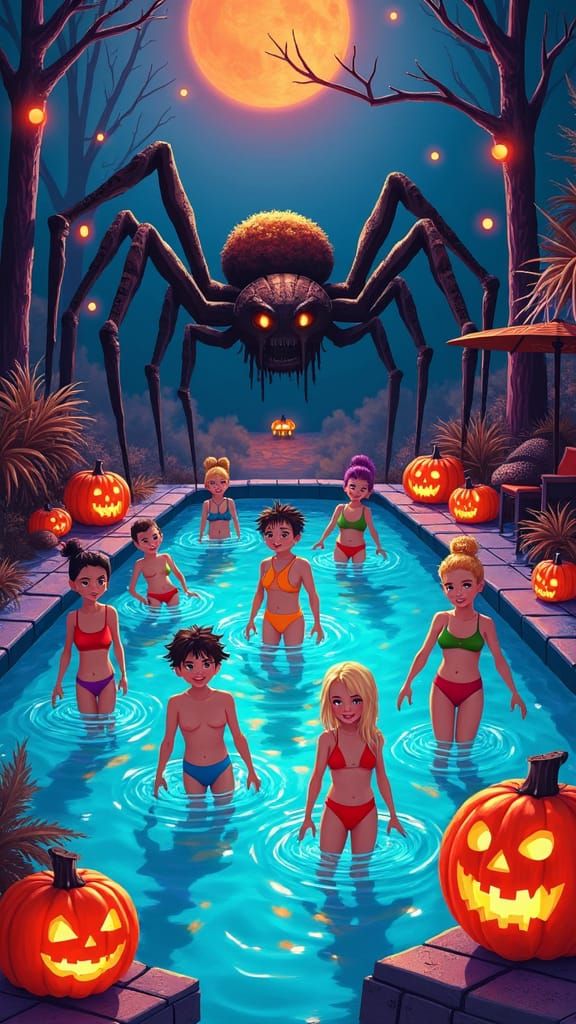 Halloween Pool Party Invitation in Retro-Futuristic Style