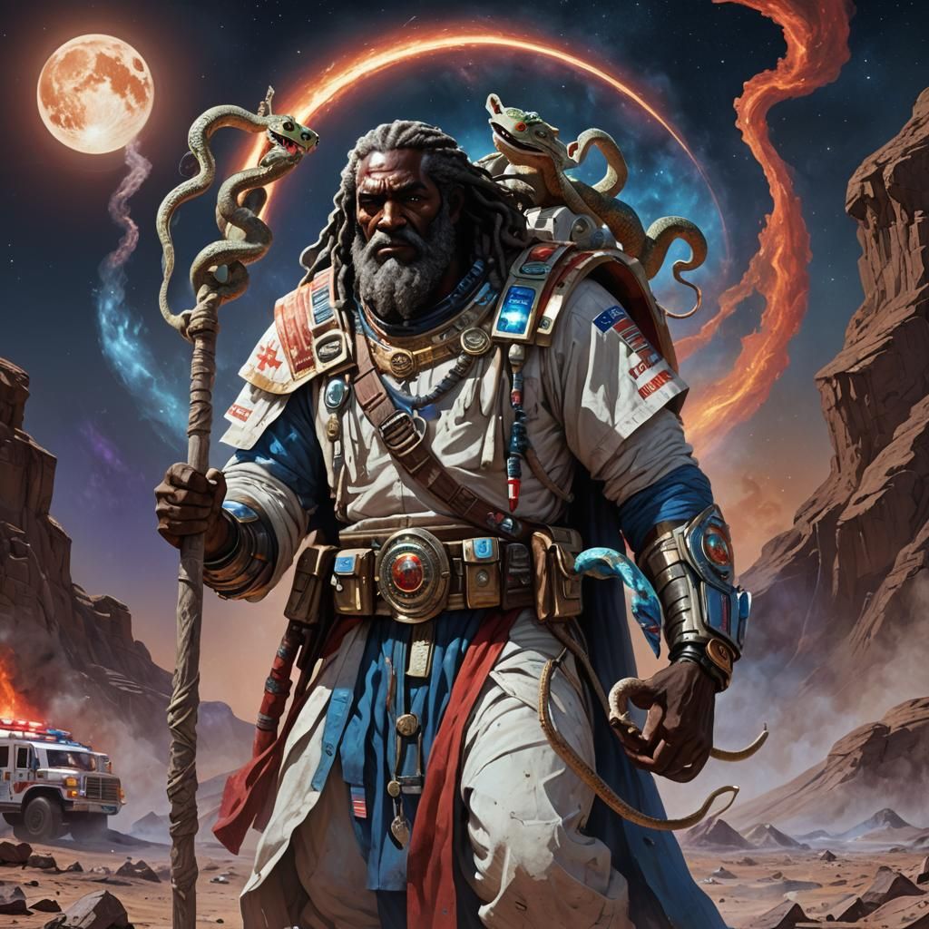 Moses-like Figure on the Moon with Staff, Artgerm Style