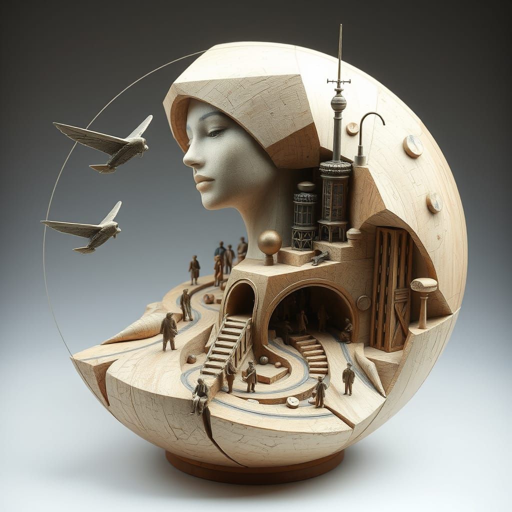 Post-Punk Geometric Cityscape with Flying Figures