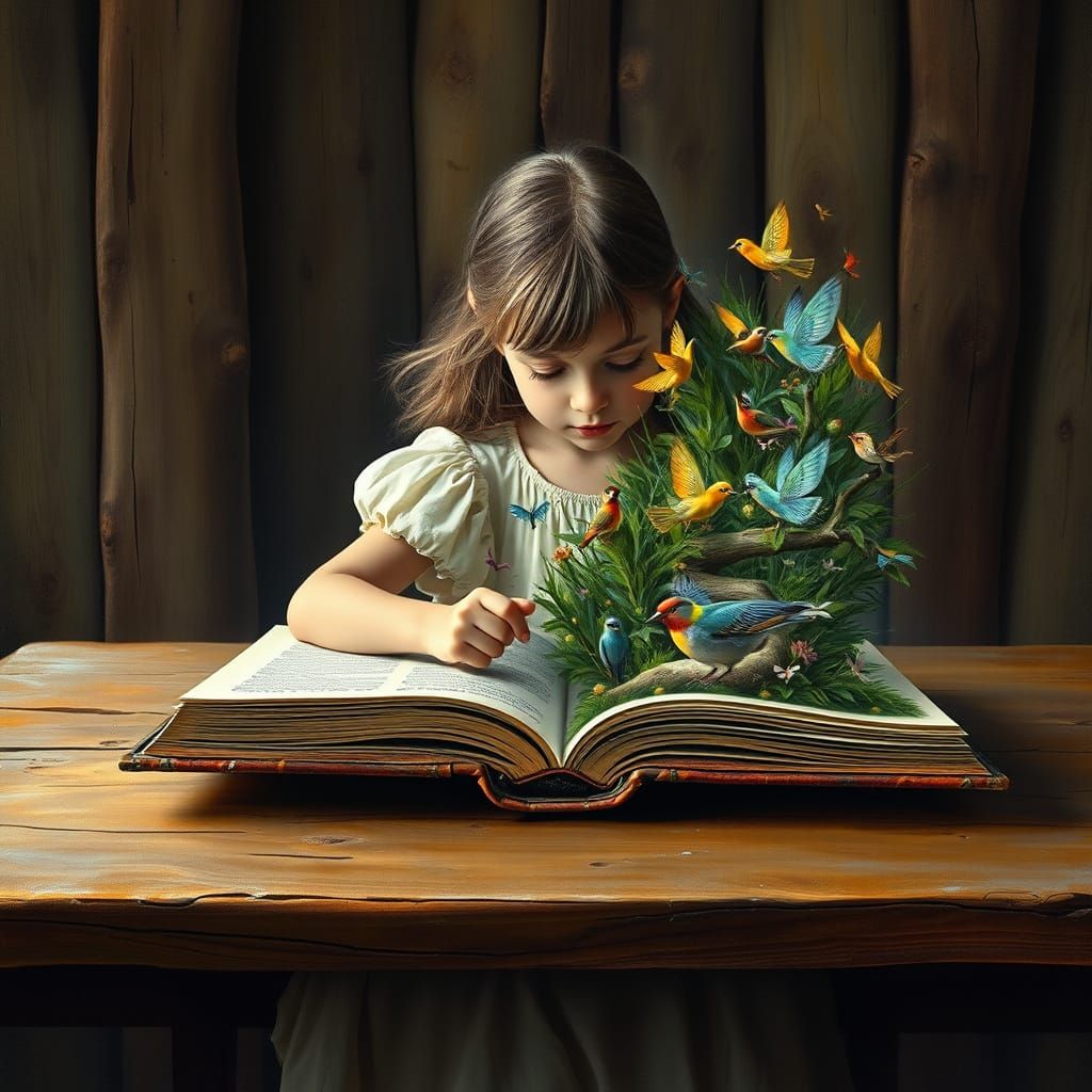 Girl Reading Magic Book, Hyper-Detailed Digital Art