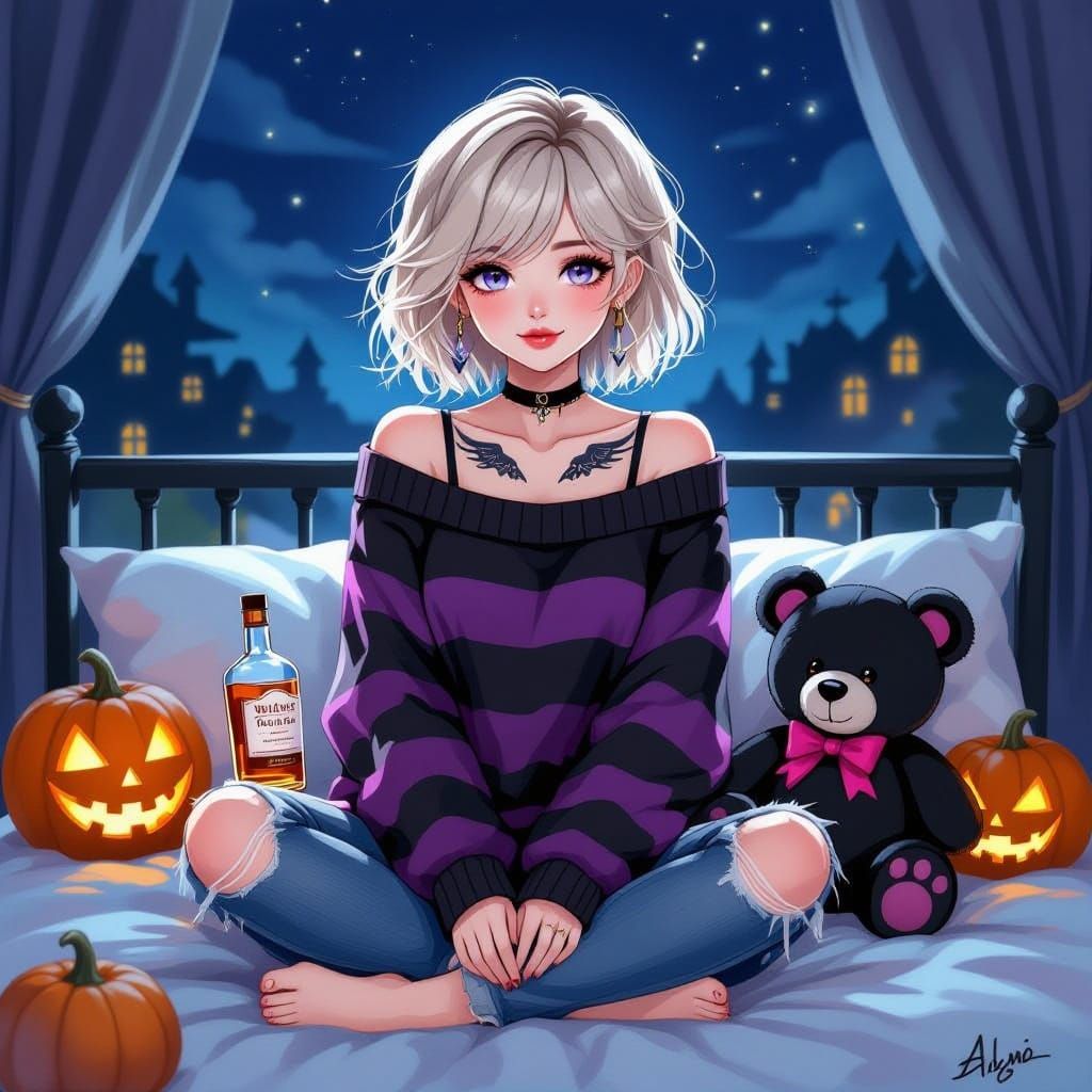 Anime Emo Woman with Wing Tattoos and Teddy Bear