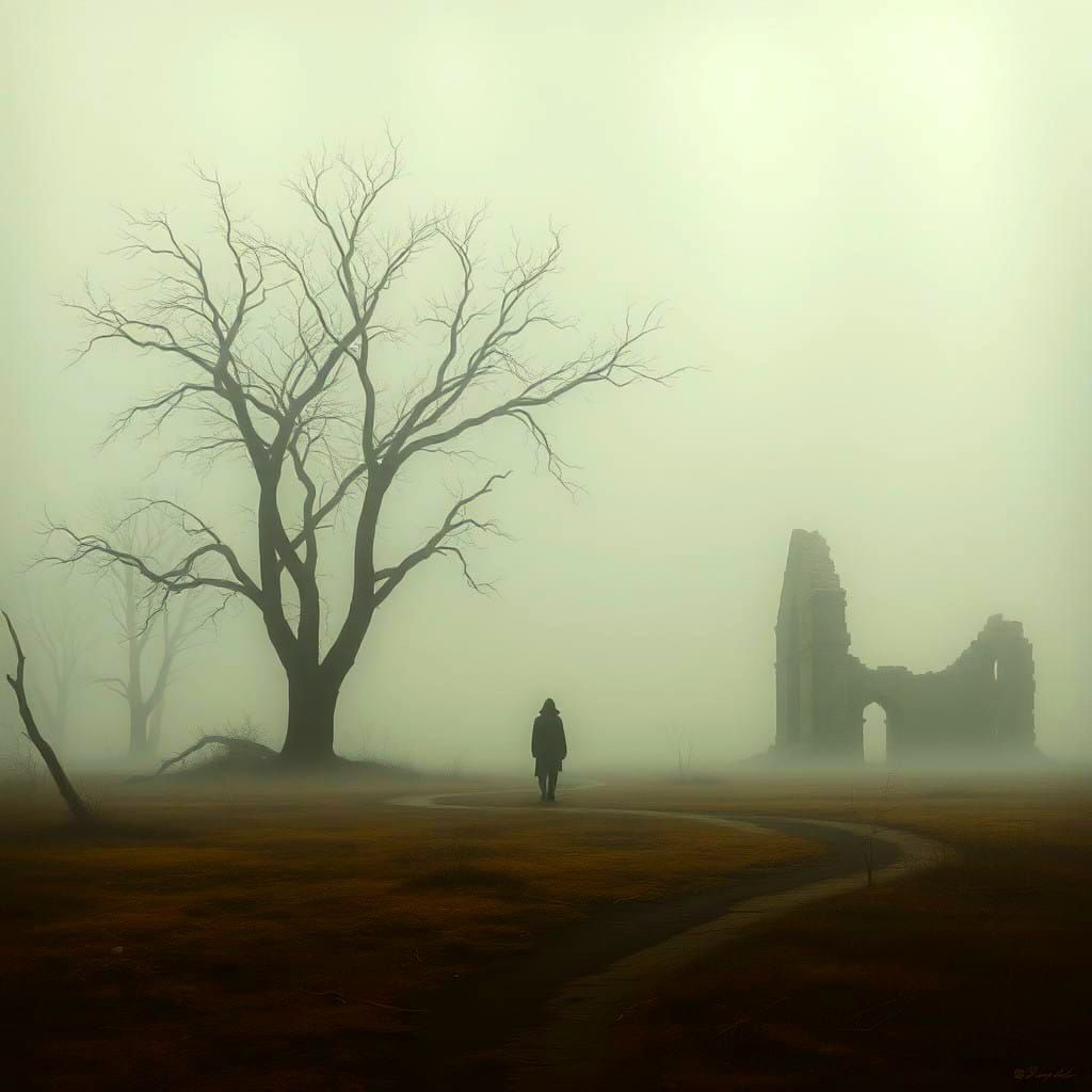 Ethereal Melancholy Scene in a Dark, Misty Landscape