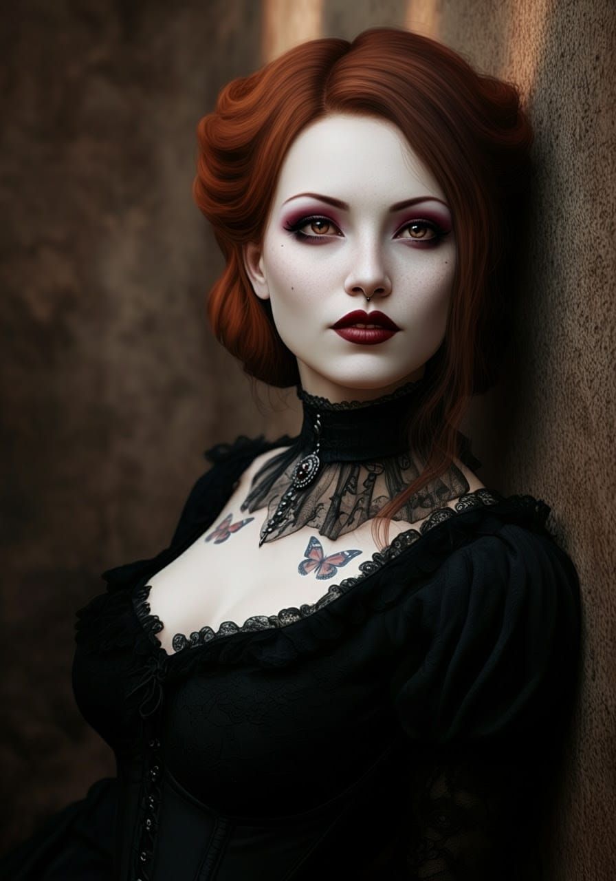 Gothic Woman Portrait with Auburn Hair and Red Lipstick
