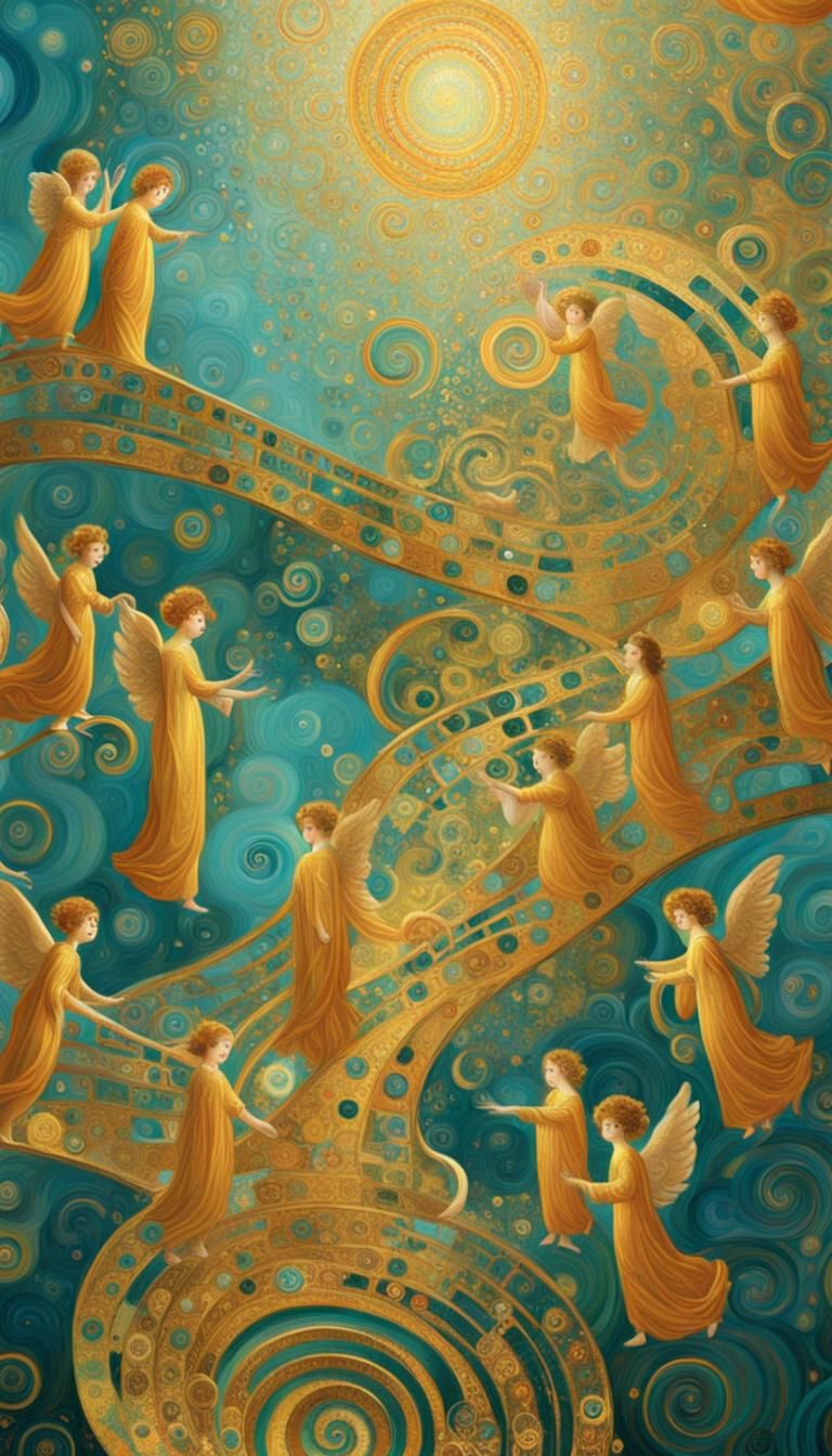 Angels Ascending Jacob's Ladder in Klimt Style
